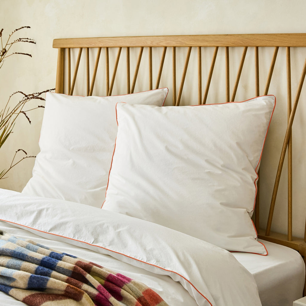 White 400 Thread Count Piped Edge Square Pillowcase Pair with Salmon Pink Trim