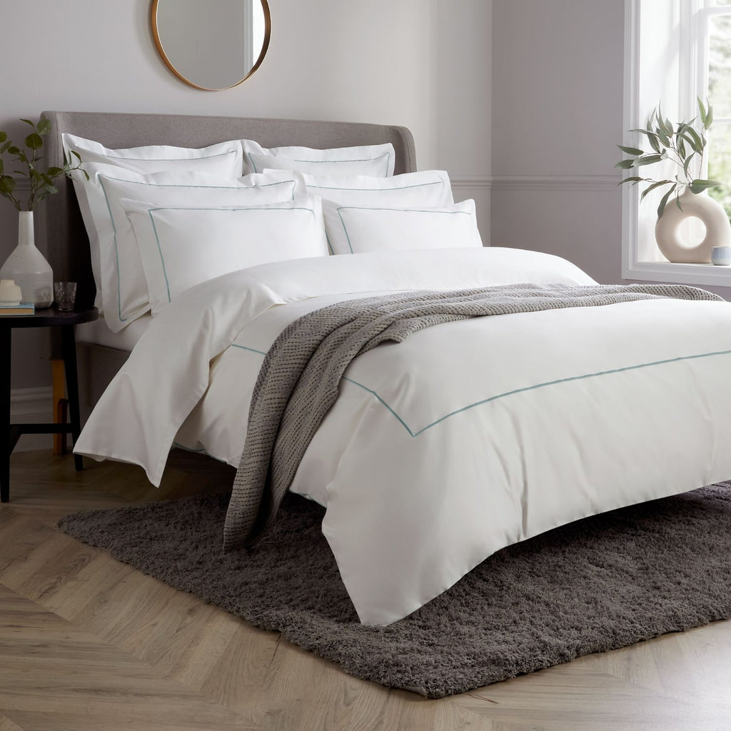 White 800 Thread Count Duvet Cover with Duck Egg Single Row Cord Embroidery
