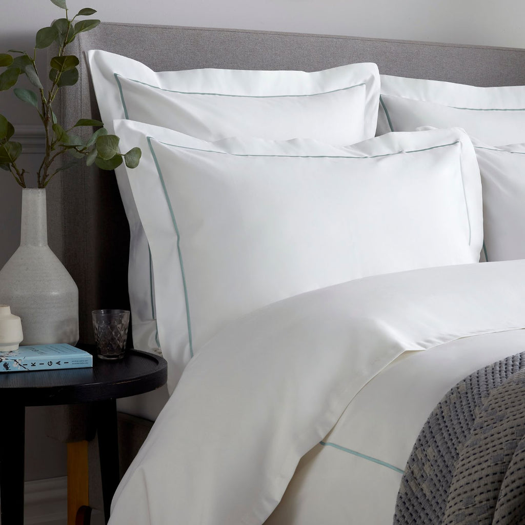 White 800 Thread Count Oxford Pillowcase Pair with Duck Egg Single Row Cord Embroidery