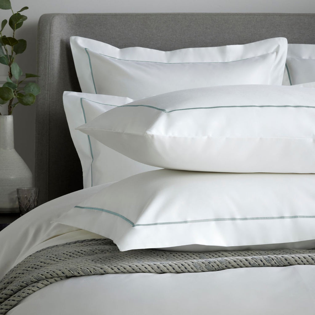 White 800 Thread Count Standard Pillowcase Pair with Duck Egg Single Row Cord Embroidery