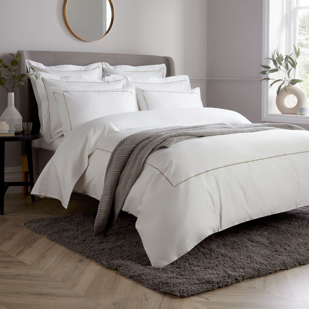 White 800 Thread Count Duvet Cover with Flax Single Row Cord Embroidery