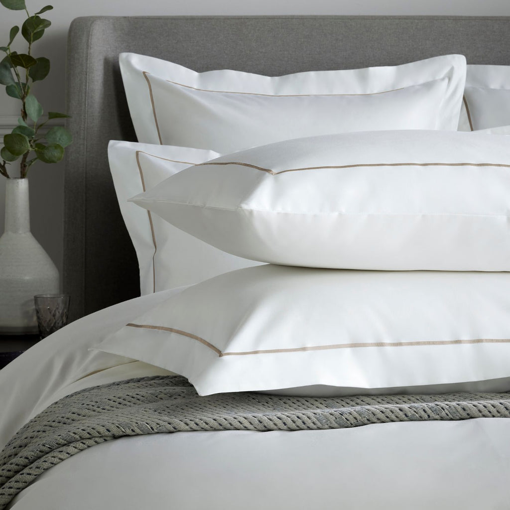 White 800 Thread Count Standard Pillowcase Pair with Flax Single Row Cord Embroidery