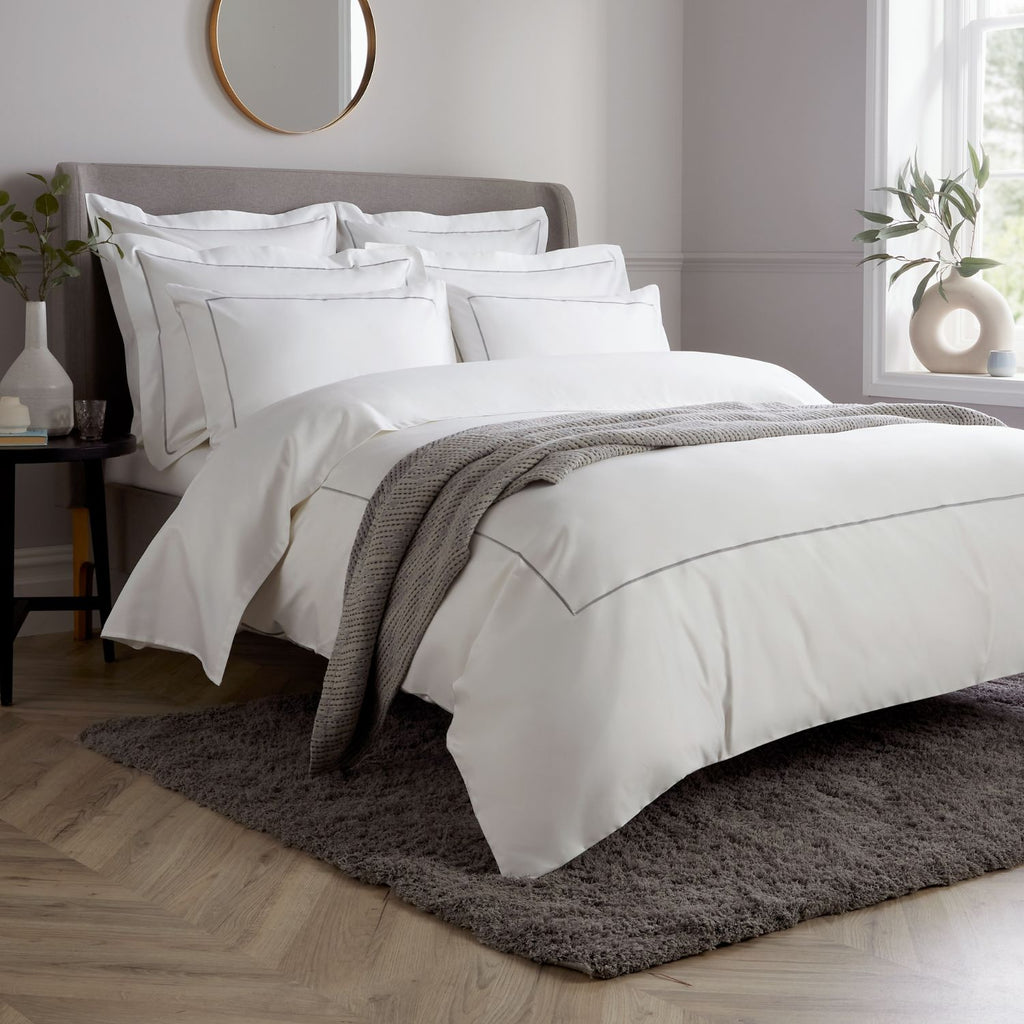 White 800 Thread Count Duvet Cover with Ice Grey Single Row Cord Embroidery