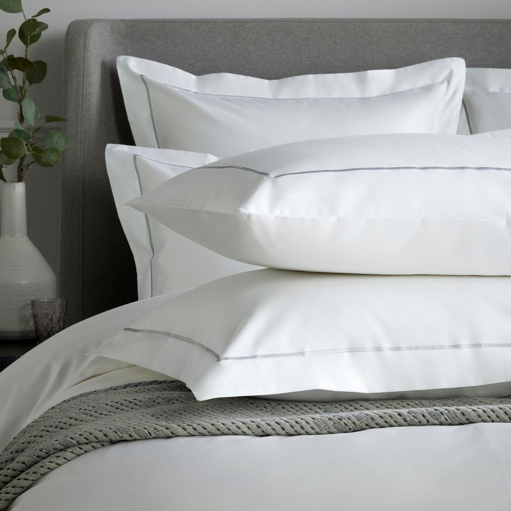 White 800 Thread Count Standard Pillowcase Pair with Ice Grey Single Row Cord Embroidery