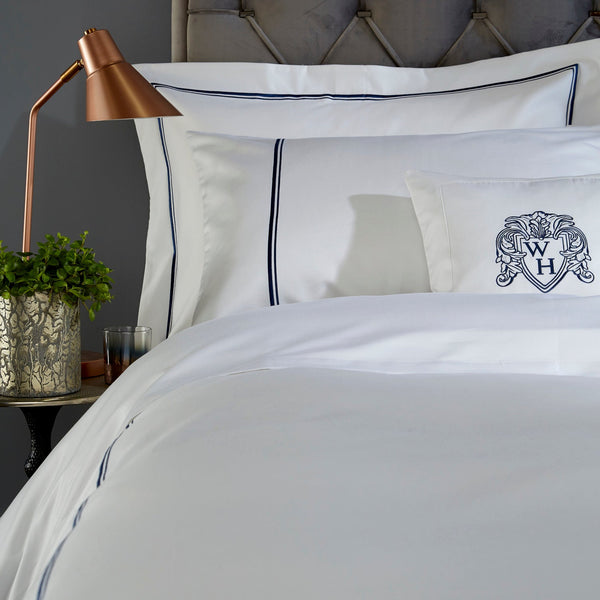 White Austell 800 Thread Count Oxford Pillowcase with Navy Double Cord Embroidery x1