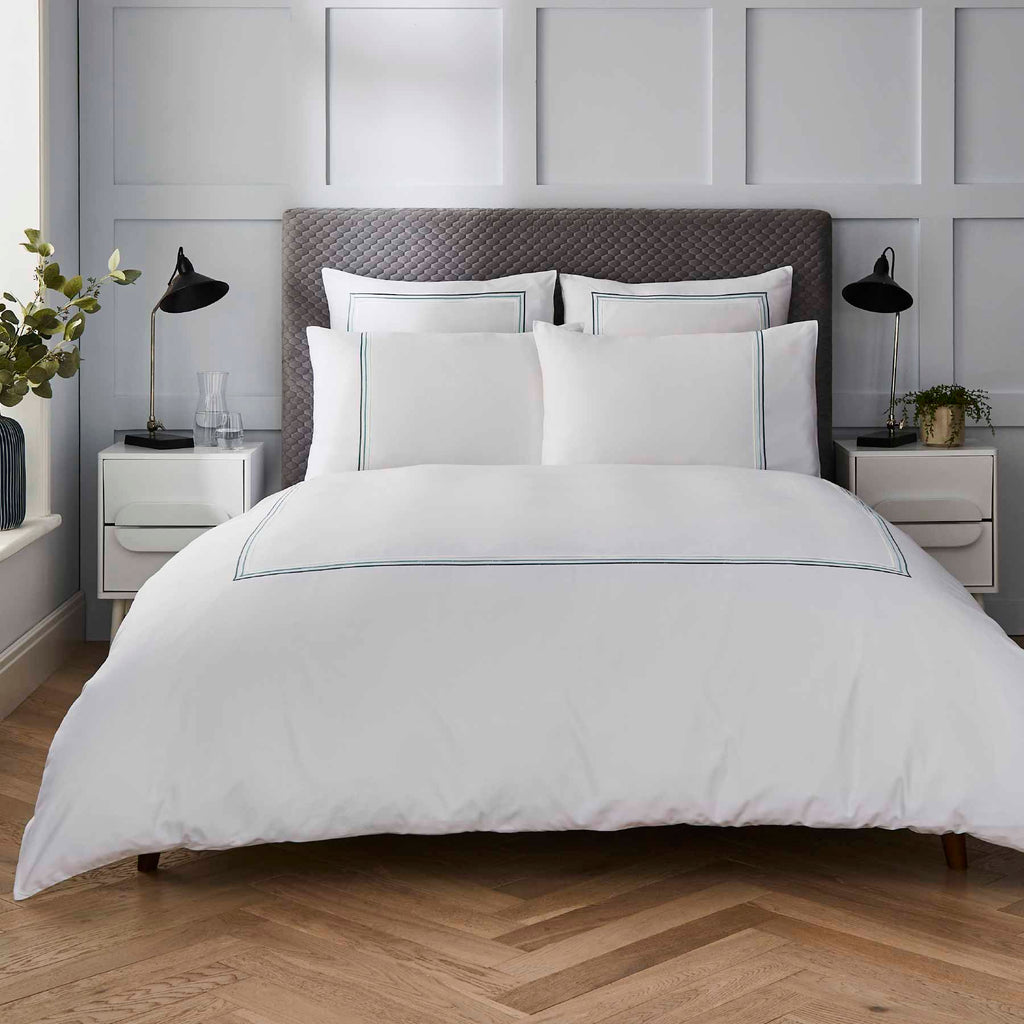 White 400 Thread Count Duvet Set with Green Triple Row Cord Embroidery