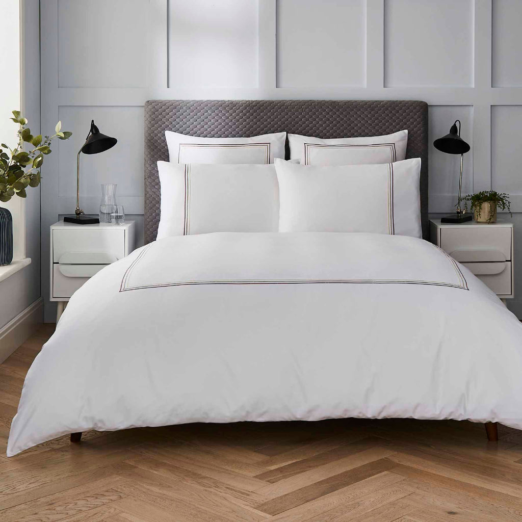 White 400 Thread Count Duvet Set with Latte Triple Row Cord Embroidery