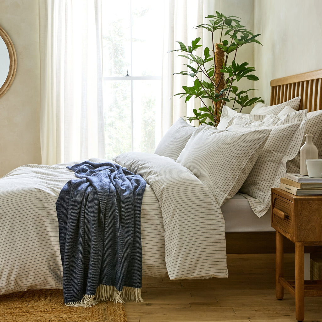 White Linen Cotton Blend Duvet Cover with Charcoal Grey Pinstripe