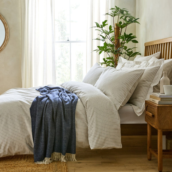 White Linen Cotton Blend Duvet Cover with Charcoal Grey Pinstripe