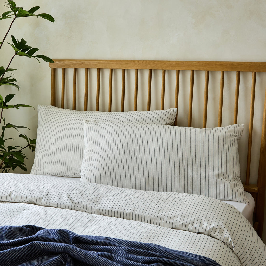 White Linen Cotton Blend Superking Pillowcase Pair with Charcoal Grey Pinstripe