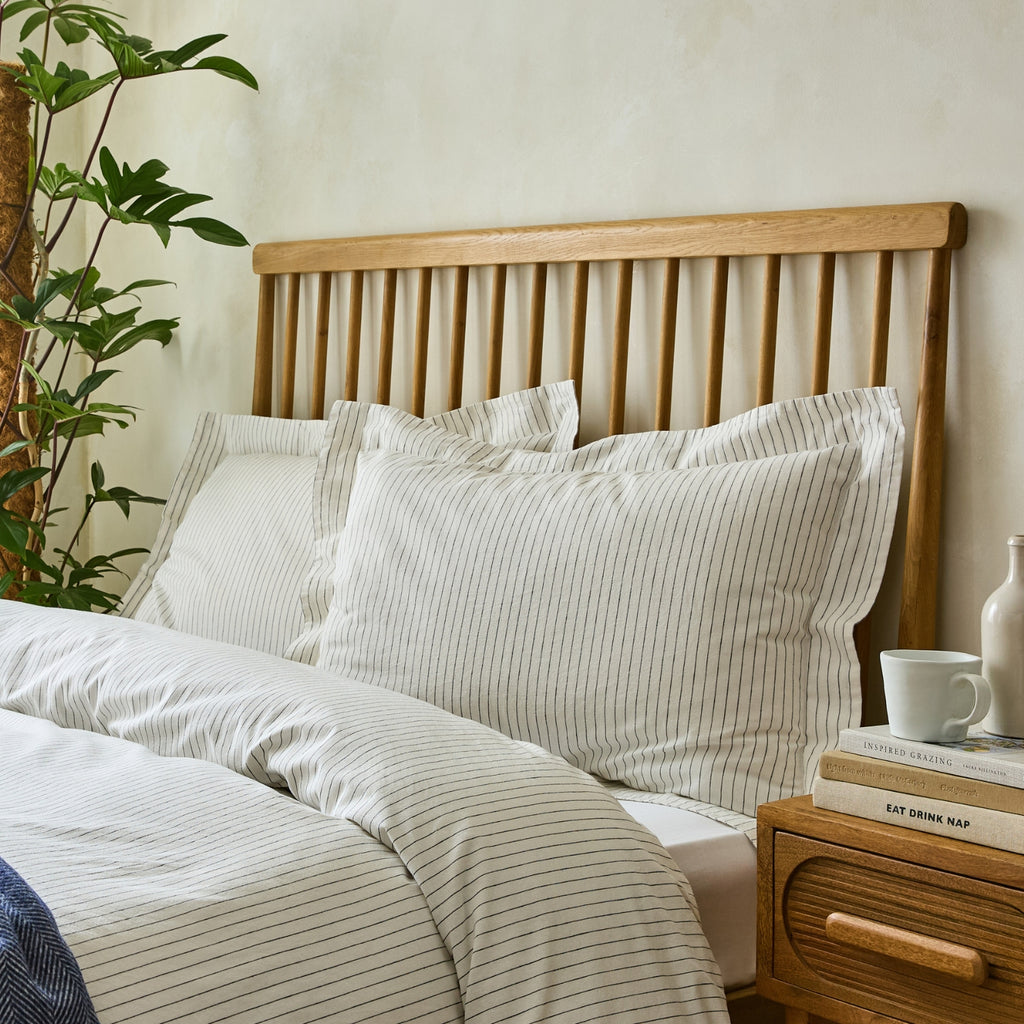 White Linen Cotton Blend Oxford Pillowcase Pair with Charcoal Grey Pinstripe