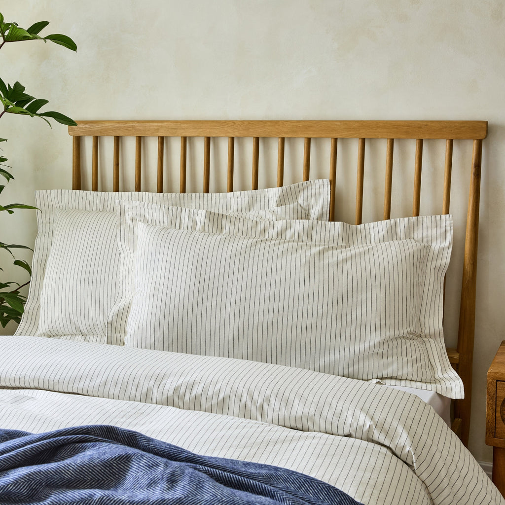 White Linen Cotton Blend Superking Oxford Pillowcase Pair with Charcoal Grey Pinstripe