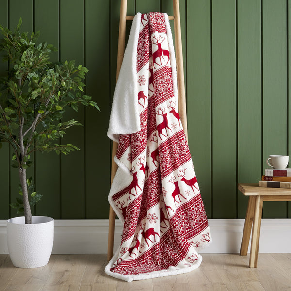 Red & White Festive Nordic Stag Print Sherpa Throw | Bed & Bath