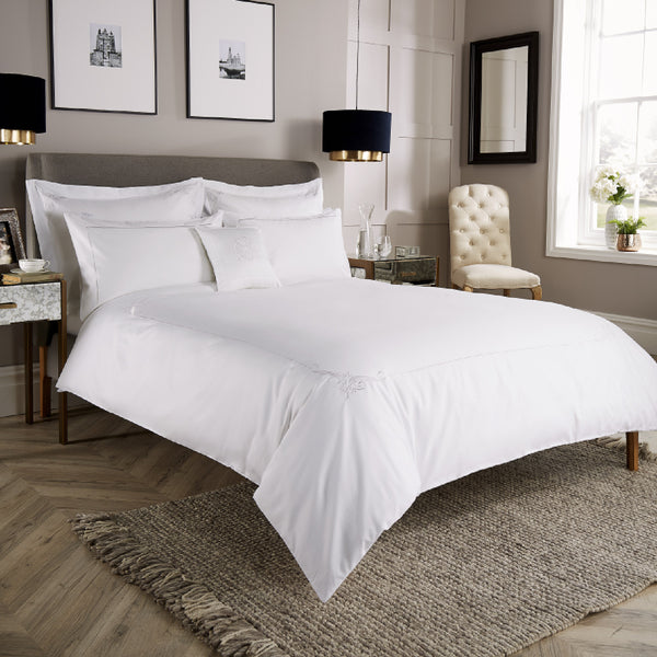 White 600 Thread Count Embroidered Duvet Cover with White Motif Corner