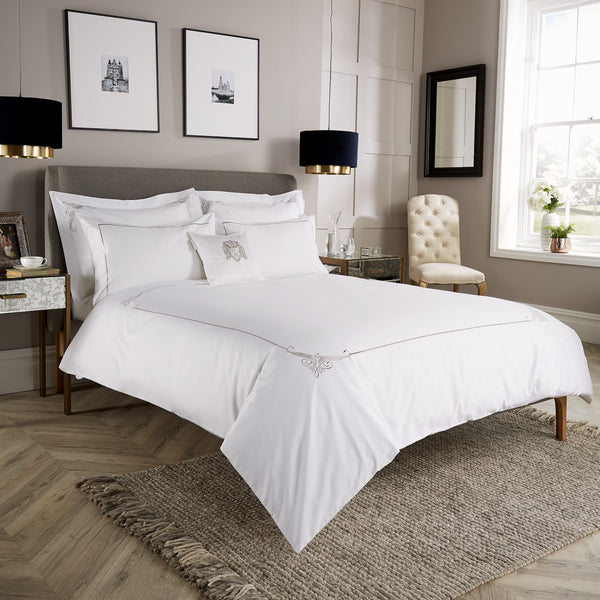 White 600 Thread Count Embroidered Duvet Cover with Grey Motif Corner