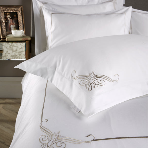 White 600 Thread Count Embroidered Oxford Pillowcase with Grey Motif Corner x1