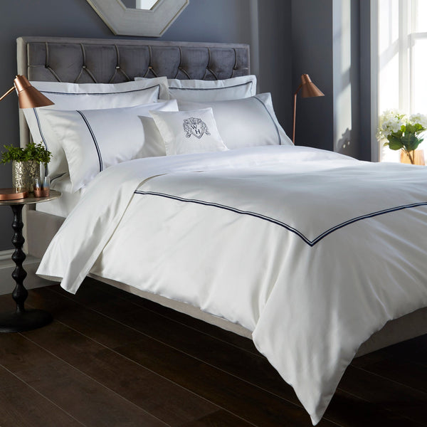 White Austell 800 Thread Count Duvet Cover with Navy Double Cord Embroidery