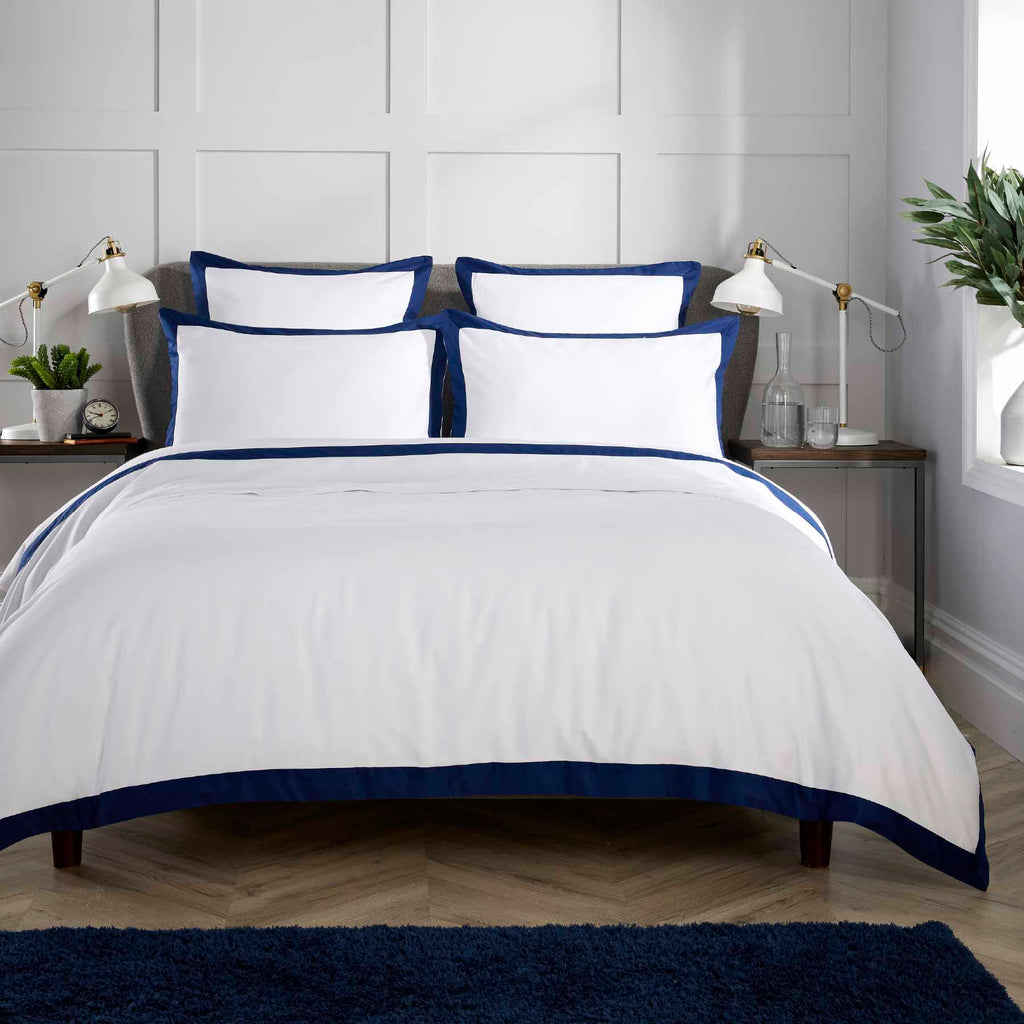 White 400 Thread Count Duvet Set with Navy Banded Edge