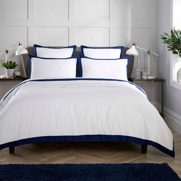 White 400 Thread Count Duvet Set with Navy Banded Edge