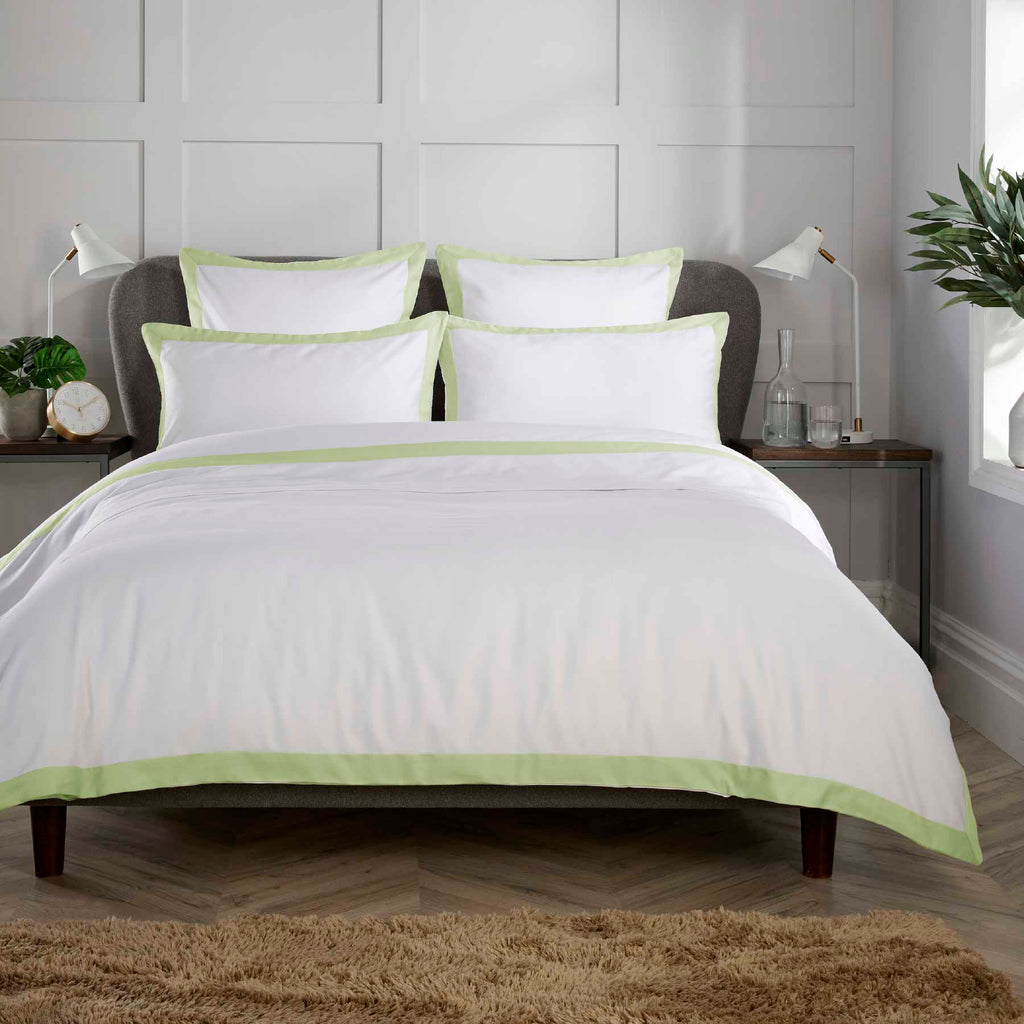 White 400 Thread Count Duvet Set with Sage Green Banded Edge