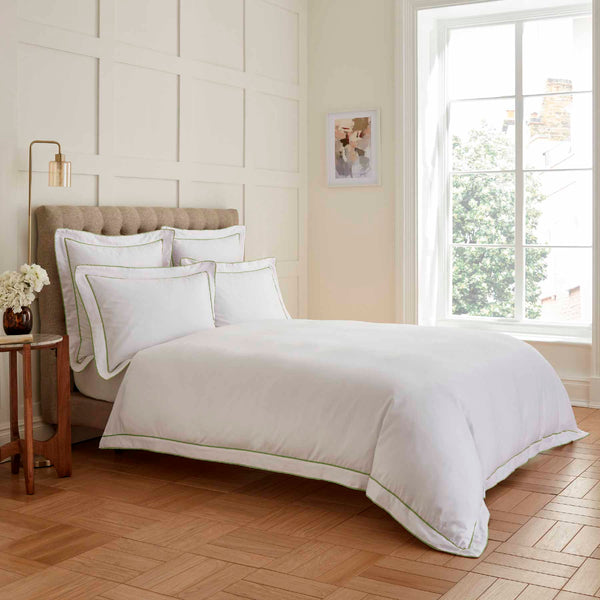 White 400 Thread Count Duvet Set with Sage Green Double Tape Edge