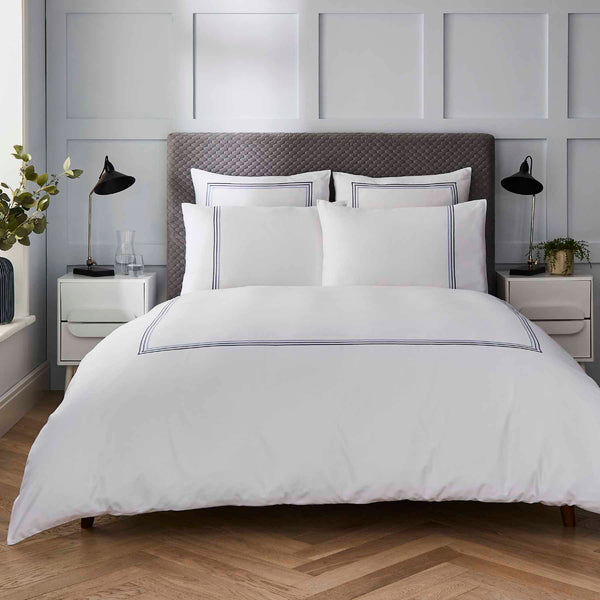 White 400 Thread Count Duvet Set with Navy Triple Row Cord Embroidery