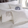 White Austell 800 Thread Count Square Boudoir Cushion Cover with Navy Embroidery