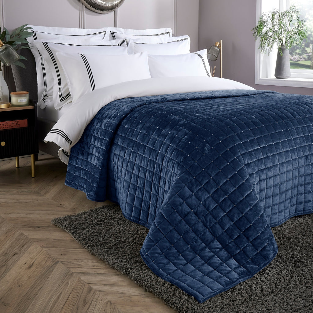Navy Blue Quilted Velvet Double Sided Bedspread