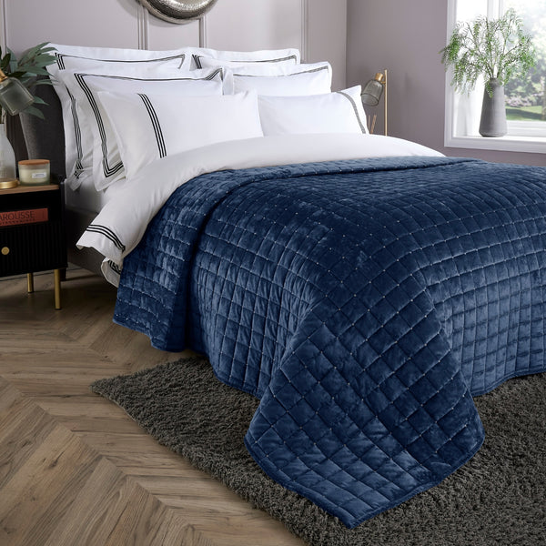 Navy Blue Quilted Velvet Double Sided Bedspread