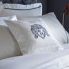 White Austell 800 Thread Count Square Boudoir Cushion Cover with Navy Embroidery