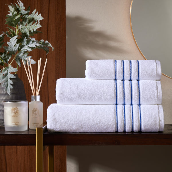 White Classically Elegant Towel with Navy Four Row Cord